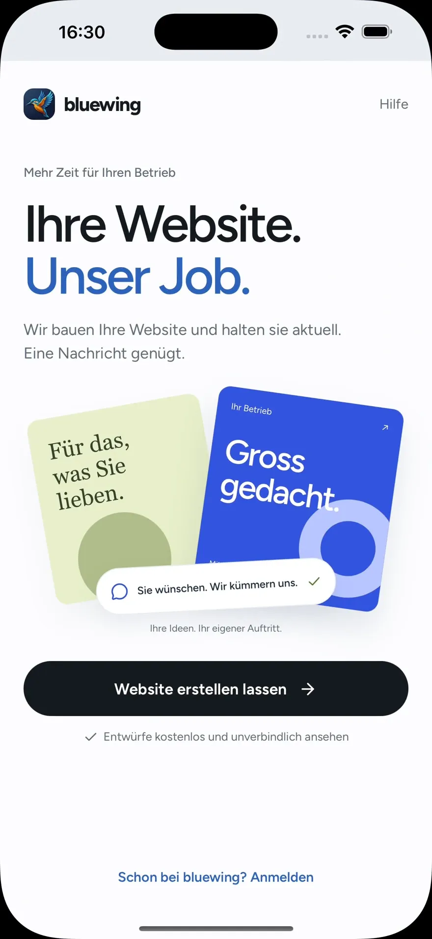 Startbildschirm der bluewing App mit dem Einstieg Website erstellen lassen